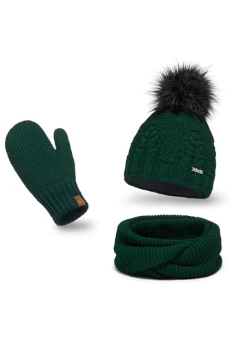 PaMaMi Juego de invierno de gorro, bufanda y guantes para mujer, circunferencia de la cabeza 55-58 cm, gorro de invierno con forro polar transpirable, juego de punto de invierno para mujer, manoplas,