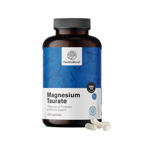 HealthyWorld® Magnesium Taurat 2000 mg - 120 Pflanzenkapseln - Magnesium + Taurin - Hoher Gehalt - Für Muskeln und Nervensystem - Gut verträglich