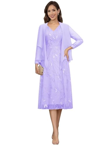 Image of 2 Pieces Mother of Bride Dresses with Jackets - Sequin Lace Chiffon A-Line Tea Length Formal Evening Dresses for Women