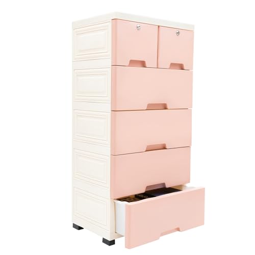 Plastic Drawers Dresser?6 Drawers Fashion Dresser?Chest Tall Storage Cabinet?Clothes Organizer Tower Cabinet ?Home Vertical Storage Tower With Wheels Living room, Dressing Room 40.2*19.7*13.7in Pink
