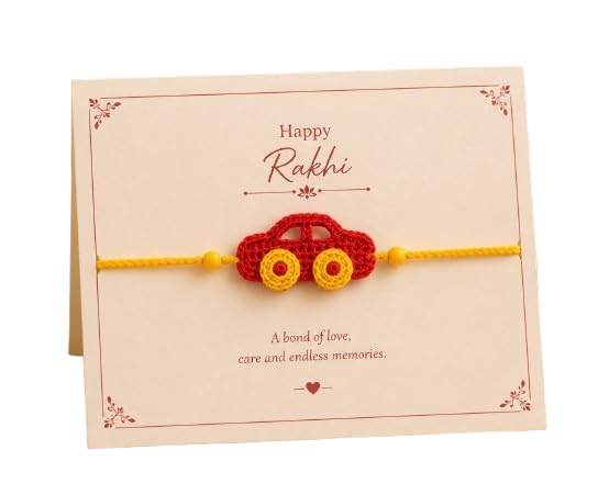 Image of Handmade Crochet Car Rakhi for Kids, Red and Yellow, Soft Knitted Thread with Beads, Raksha Bandhan