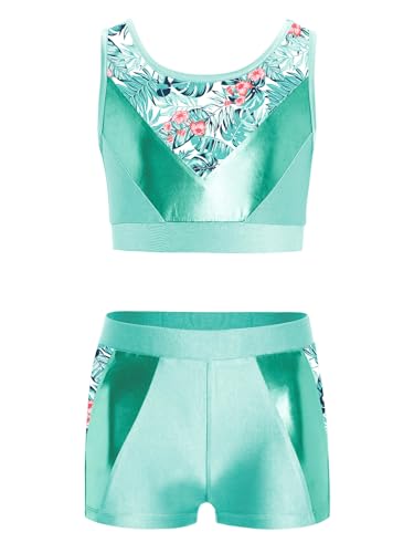 Girls Gymnastics Dance 2 Piece Shiny Metallic Set Crop Tank Top And Booty Shorts for Tennis Sports Light Green 12 Years