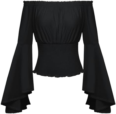Camisa Pirata para Mujer Cintura de Corsé Bell Sleeve Pirata Disfraz Medieval Renacentista Blusa con Hombros Color Liso Descubiertos Top para Carnaval