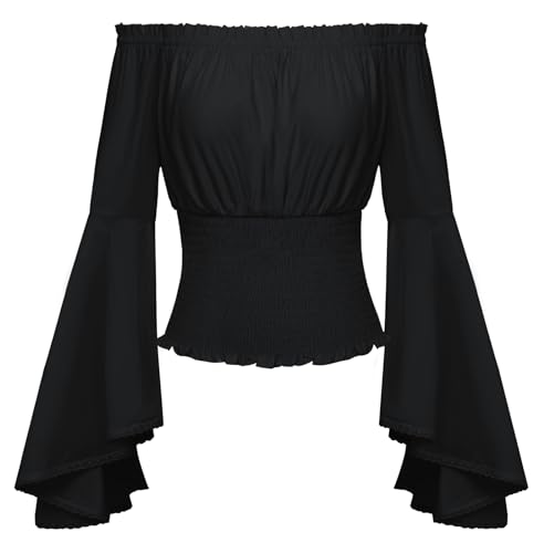 Image of SCARLET DARKNESS Women Off Shoulder Bell Long Sleeve Renaissance Blouse Ruffle Smocked Vintage Medieval Tops Retro Gothic Corset Blouses Black S