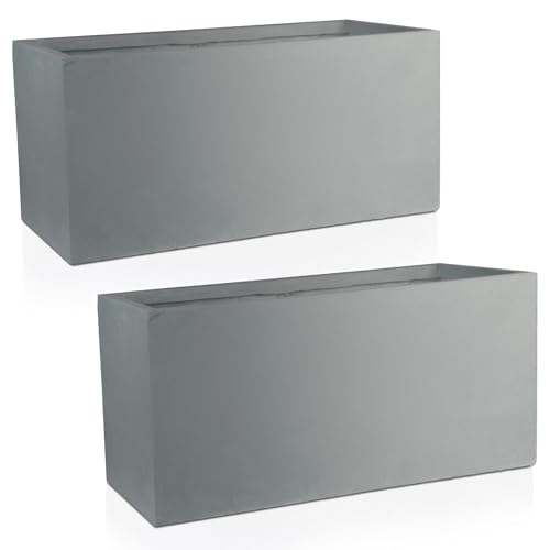 IDEALIST Set of 2 60cm Large Trough |Grey Reinforced Stone Rectangular Planter | Garden Planters with Drainage Holes L60 W30 H30 cm, 35 litres