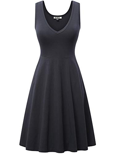 HUHOT Women's Casual Dresses Black Dress for Women Cotton Dress for Women Casual Sleeveless V Neck Dress with Pocket Summer Beach Midi Flared Tank Sundress