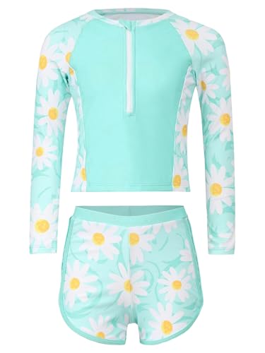Kids Girls Rash Guard Swimsuit Long Sleeve Swim Tops with Shorts Set Beach Sport Swimwear
