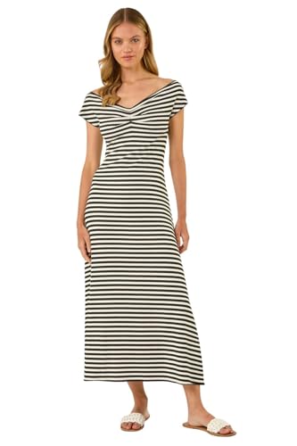 Image of Roman Stripe Bardot Knit Midi Stretch Dress for Women UK - Ladies Spring Everyday Summer Holiday Sleeveless Soft Fit & Flare Comfy A-Line Frock Vacation Beach Gowns - Black - Size 20