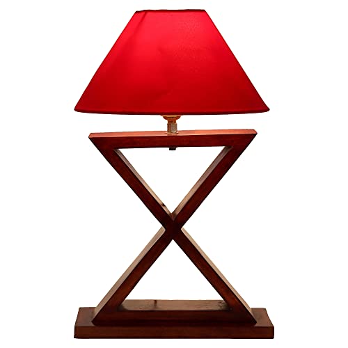 Image of tu casa Table Lamps with Mango Wood Base & Red Cotton Shades for Home Decor, Bedrooms, Living Room, Gifting, Diwali Decoration, Dining Space, Study Room, Hall (Height- 42cm) - Bulb not Included