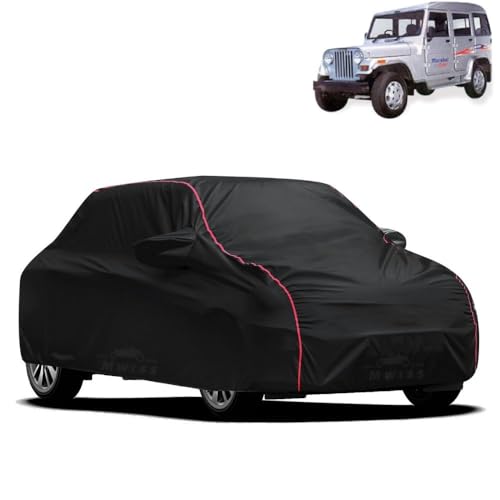 Image of Waterproof Car Cover for Mahindra Marshal | All-Weather Protection, Dustproof & UV Resistant | Triple Stitched Mirror Pockets, Windproof Buckle Strap with Elastic Hem, Black-Red Piping