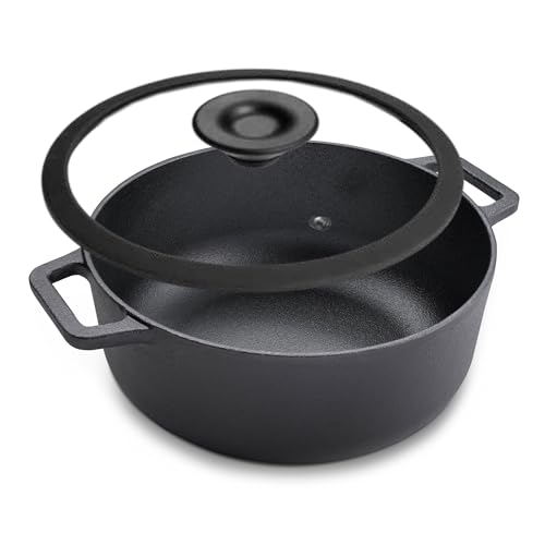 Prestige Cast Iron Casserole 20 CM | Induction Cooking Pot with Glass Lid | Biryani Pot with Heavy Bottom |Pre-Seasoned Cast Iron Cookware | Black - PR48896