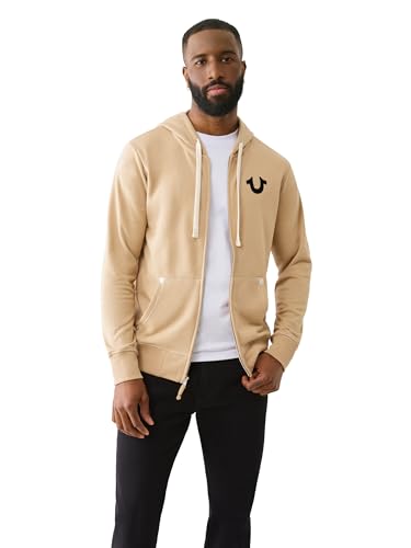 True Religion Men's Buddha Logo Zip Hoodie Sweatshirt, Travertine, Medium