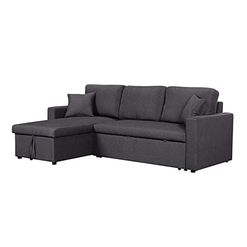 Bowery Hill Dark Gray Linen Fabric Reversible Sleeper Sectional with Storage