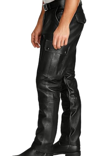 Mens Black Multi Pockets Genuine Leather Biker Pants/Biker Hose & Cargo Pockets Trousers