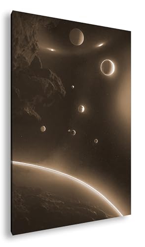 Toile planètes néon pourpre deyoli 100x70cm pour habiller un mur blanc vide sans effort
