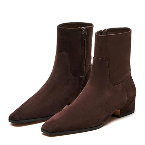 Fall Suede Ankle Boots For Women Square Toe Short Booties Chunky Low Heel Boots Side Zip Dressy Mid Calf Combat Riding Motorcycle Booties