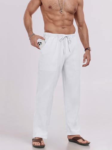 Puimentiua Leinenhose Herren,Lang Leichte Sommerhose,Loose Fit Sommer Leinen Hose,Baumwollehosen mit Tunnelzug und Reißverschluss (Weiß,M)