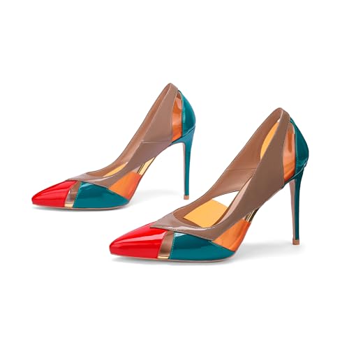 Women's Multicoloured Cutout Stiletto Pumps,Geometric Color Block Pointed Toe High Heels 4 Inch4