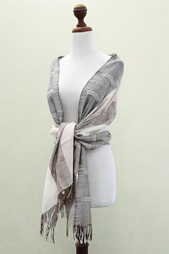 NOVICA Artisan Handmade 100% Alpaca Shawl Unique Fine Wool Neutral Color Accessories Shawls Brown Beige Patternedstriped Peru ' Quiet Atacama'4