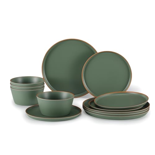 TOPMELA Melamine Dinnerware for 4, 12 Pieces Unbreakable Matte Plastic Plates and Bowls set, Kitchen Dish set BPA Free, Dishwasher Top Safe, Not Microwave, Not Oven (Green)