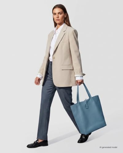 Image of Genuine Italian Leather Tote Bag for Women, Large Slouchy Purse, Denim | Unstructured bag, raw unlined interior with zip pocket, top zipper, side ties, folds flat, fits a 16-inch laptop, lightweight