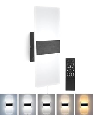 Plug in Wall Sconce with Remote Control, 3000K-6500K Stepless Color Temperature, 10%-100% Stepless Dimmable, 12W Plug in Wall Light, LED Acrylic Wall Sconce Plug in or Hardwired (1Pack, Black)