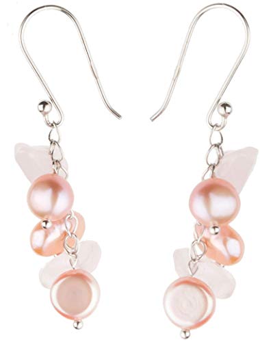 Hinsongayle Handpicked Freshwater Cultured Pearl & Rose Quartz Dangle Earrings Sterling Silver #TOP24