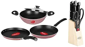 Pigeon Basics Non stick Aluminium Non Induction Base Cookware set, including Dosa Tawa, Kadai With Glass Lid, and Frying Pan & Pigeon by Stove Kraft Shears Kitchen Knifes 6 Piece Set with Wooden Block