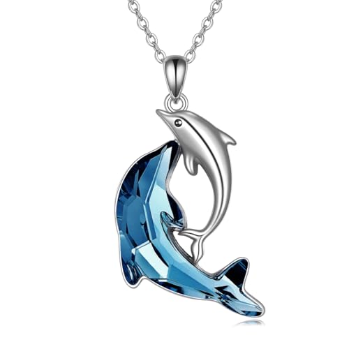 TOUPOP Dolphin Gifts Sterling Silver Dolphin Pendant Necklace Blue Crystal Dolphins Jewelry Summer Beach Themed Gifts for Women Birthday Christmas