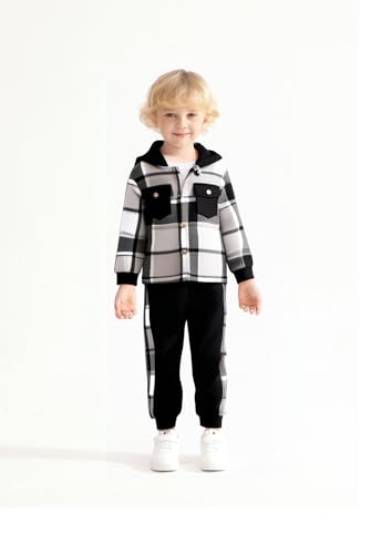 Image of Toddler Boy Clothes Plaid Hooded Shirt White T-shirt Top and Solid Color Pants 3Pcs Winter Boys Clothes