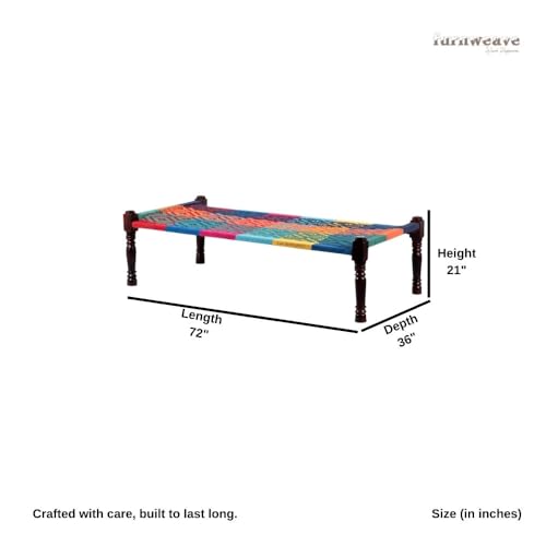 Image of Solid Sheesham Wood Charpai Khat | Handcrafted Daybed Khatiya Charpai with Cotton Rope | Traditional Khat Bed Wooden Diwan Cot for Living Room | 6X3 Feet | Colorful 002, Multicolor