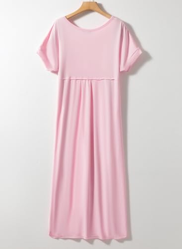 Image of Dokotoo Womens Maxi Dress Summer Short Sleeve Casual Loose Maxi Dresses Bathing Suit Cover Up for Women Sundress Pink Dresses for Women with Pockets S