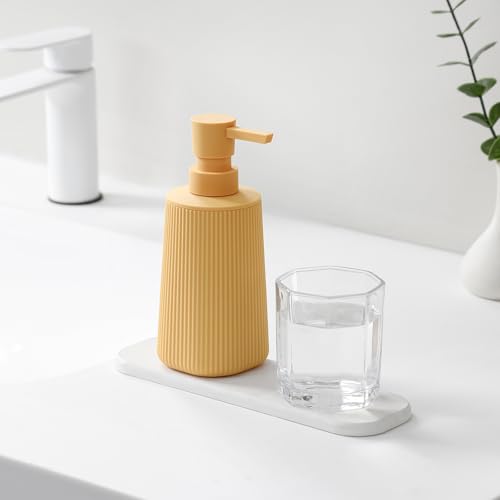 Image of Small Soap Dispenser for Bathroom and Kitchen, Modern Farmhouse Striped Style Plastic Hand Soap Dish Soap Dispenser with Pump Matte Yellow