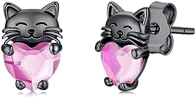 Cat Earrings 925 Sterling Silver Cat Studs with Crystal Hoop Earrings Cute Cat Lovers Jewellery Cat Theme Gifts for Girls Women