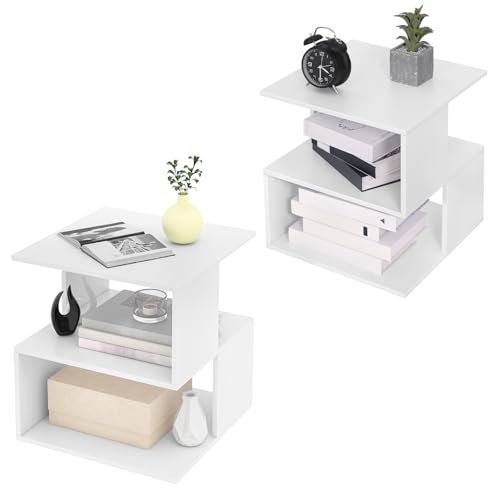 EUGAD Set 2 Comodini per Camera da Letto in Legno, Tavolino Bianco Design Moderno, Mobiletto Salvaspazio per Soggiorno, Piccola Libreria a 2 Ripiani, 40x40x43,5cm, 0166ZZ-2