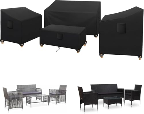 Housse Salon de Jardin Extérieur 4 Pièces 420D Imperméable - Bâche de Protection avec Cordons de Serrage et Boucles Réglables pour Meubles de Jardin, Table, Banc et...
