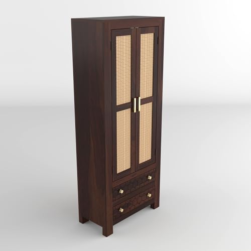 Image of PS DECOR Solid Sheesham Wood Book Shelf Cabinet with Cane Rattan Doors & 2 Drawers | Modern Wooden Bookshelf Storage Unit for Home Library, Living Room & Office (Walnut Finish)