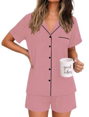 Image of Ekouaer Womens Pajamas Set Soft Classic Notch Collar Bride Pjs Comfy Short Sleeve Sleepwear Loungewear