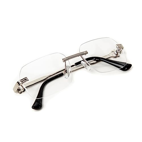Image of Street Knitted Men's Women's Silver Wire Metal Frame Rectangular Clear Tint Rimless Glasses Luxury Designer Unisex Hip Hop Fashion Retro Square Frameless Clear Lens Eye Glasses For Men