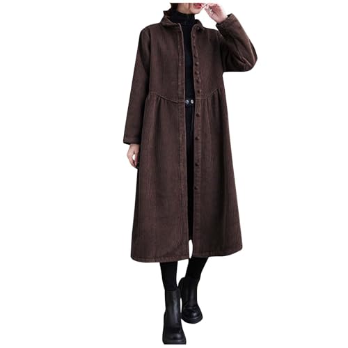 Womens Retro Classic Corduroy Button Down Lapel Neck Maxi Dress Fall Winter Casual Jacket Outerwear with Side Pockets