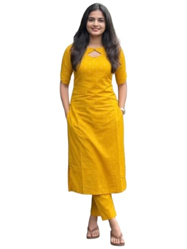 Image of ANNI Designer Women's Viscose Straight Printed Kurta with Pant | Ethnic Indian Kurta Set | Round Neck Keyhole Design | Elbow Sleeve Traditional Dress | Office Occasion Outfit