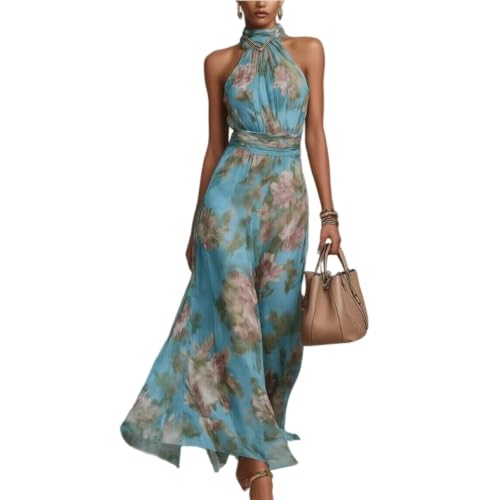 Womens Fall Boho Dresses Flowy Floral Wedding Guest Halter Maxi Dress Blue