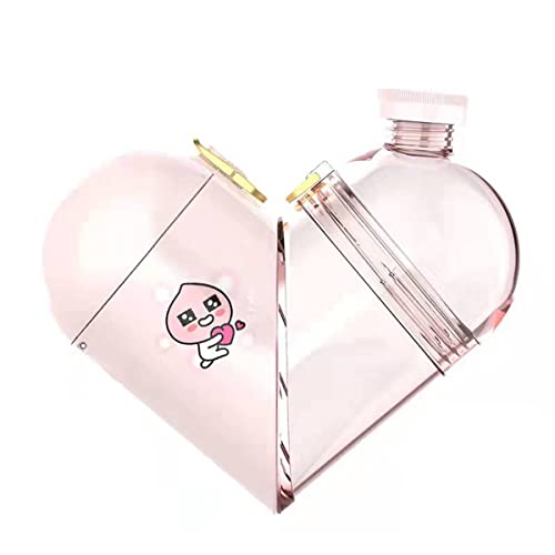 Heart Water Bottle with Adjustable Shoulder Strap , Cute Love Heart Shaped Cup Creative, Portable Water Storage Containers for Kids Christmas Gift Travel Outdoor 330ML (cherry pink)