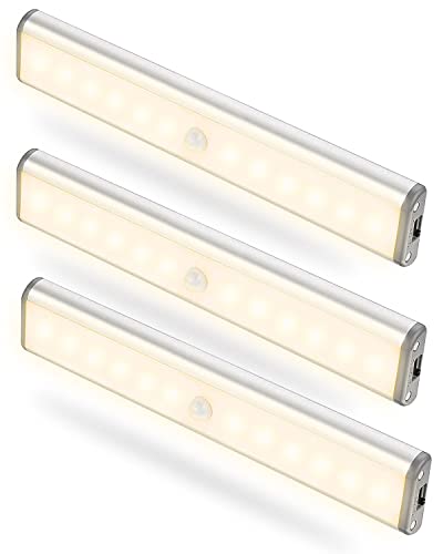 tuare Motion Sensor Light Indoor, 12 LEDs 120LM Bright Closet Light, USB Rechargeable Battery Powered Wardrobe 3 Modes Auto On/Off LED Strip Magnet Under Cupboard - Warm White