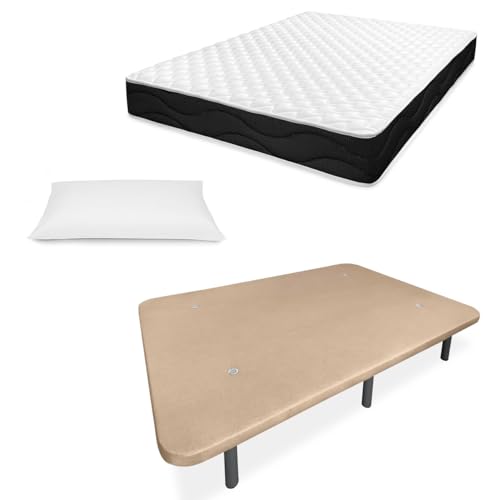 amuéblate online - Cama Completa con Colchón Viscoelástico Venus + Base Tapizada Reforzada con 6 Patas Roscadas + Almohada, 90 x 190, Beige