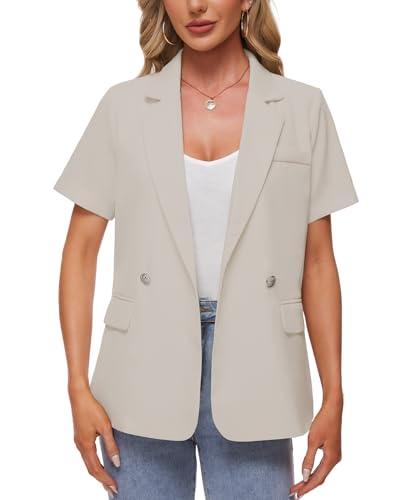 MINTLIMIT Womens Casual Blazers Notch Lapel Short Sleeve Button Front Blazer Jacket Suits Tailored Workwear,Apricot,XL