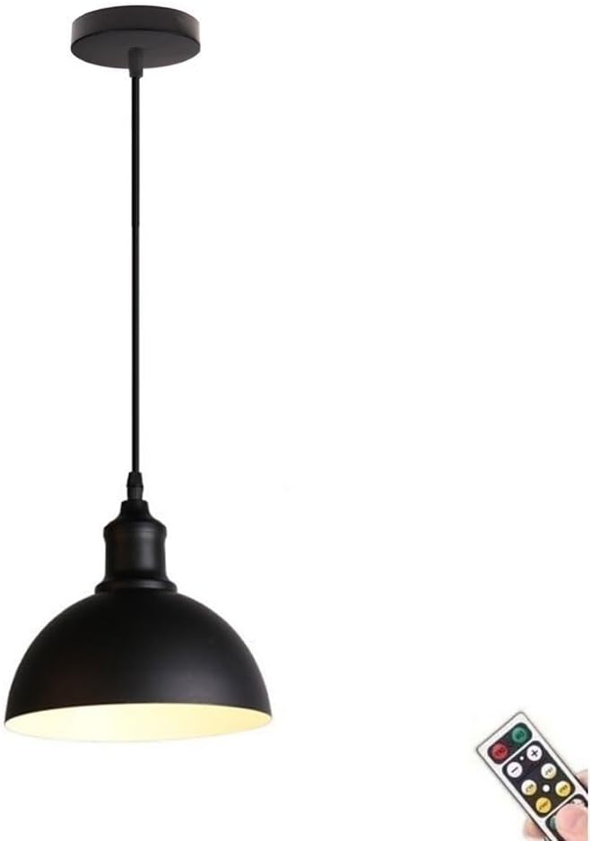 Black 7.8in Rechargeable Farmhouse Ceiling Pendant Light, Non Hardwired Kitchen Island Light with Remote & Blub, Battery Operated Semi-Circular Hanging Chandelier for Dining Table Living Room Bedroom
