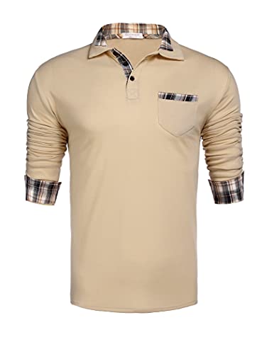 COOFANDY Men's Classic Casual Long Sleeve Plaid Collar Polo Shirt with Pockets Khaki