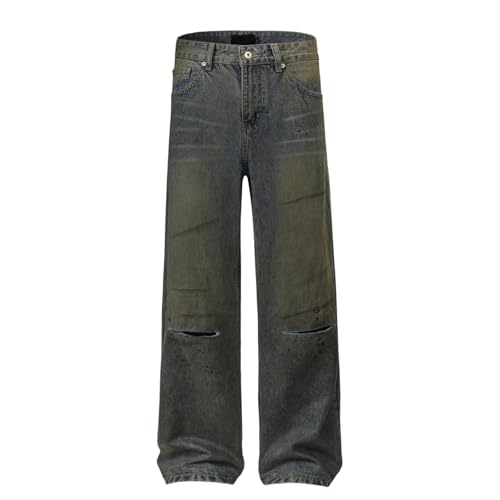 Jeans Pants Trouser Denim Retro Trendy Street Tear Hole Make Old Spray Personalized Washed Straight Leg for Men