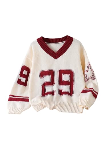 SHENHE Girl's Y2K Jersey Sweater V Neck Color Block Number Print Preppy Sweater Pullover